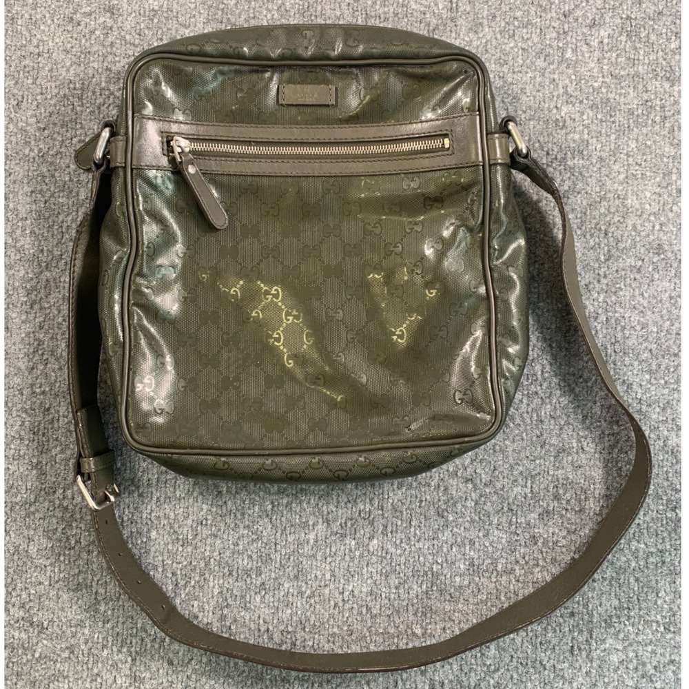 Gucci Olive Green GG Monogram‎ Reflective Messenger Bag Crossbody Made in Italy